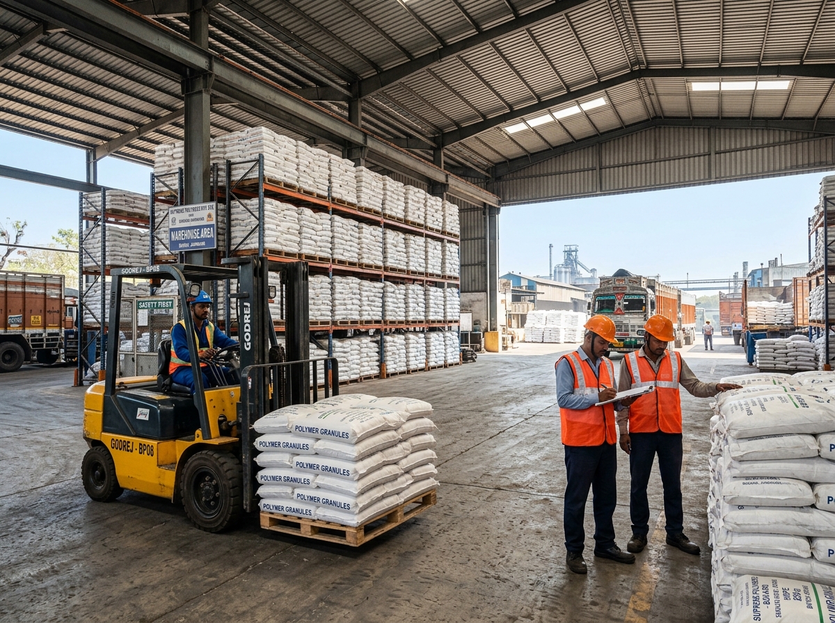Forklift Moving 25kg Granule Pallets in Bokaro Warehouse